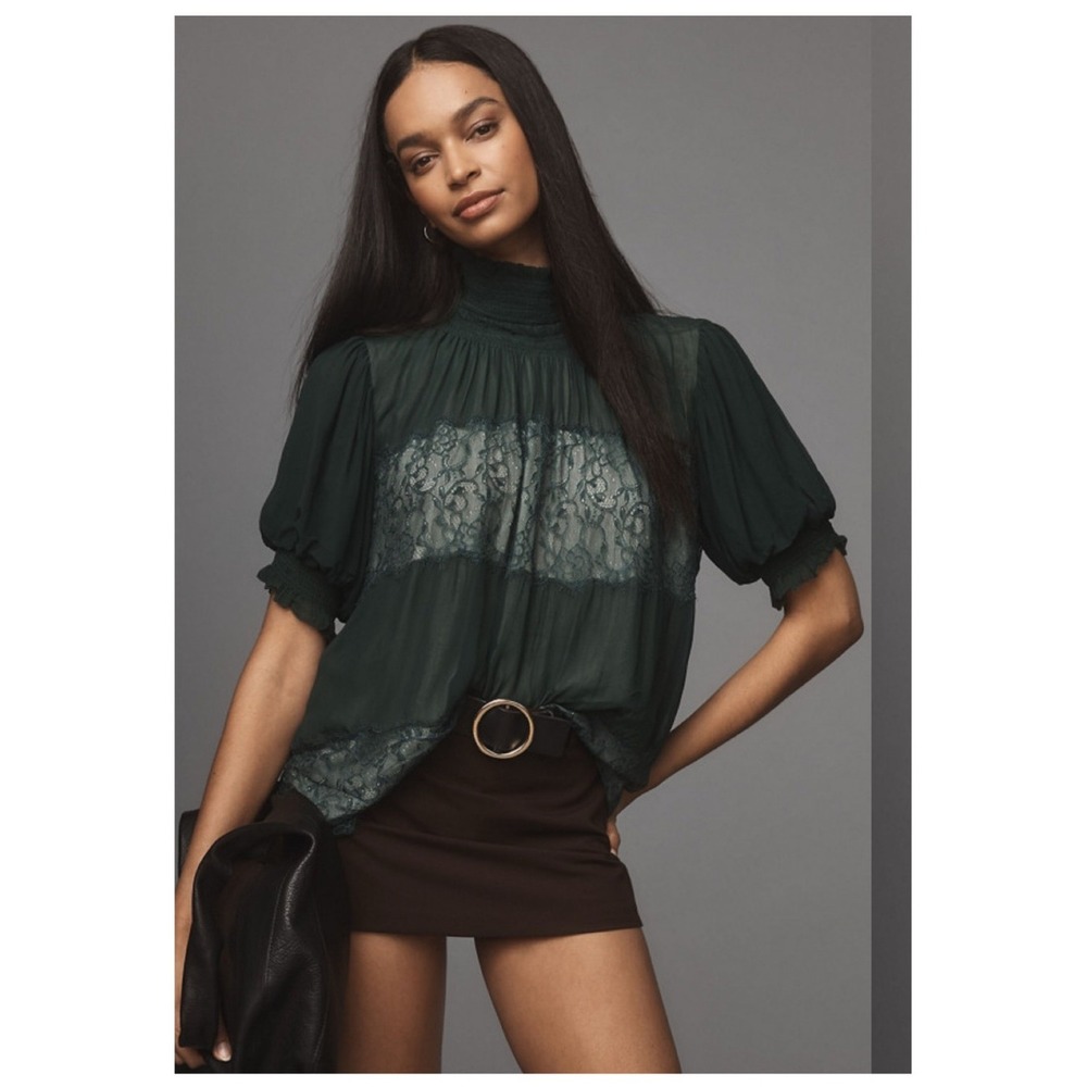 Anthropologie High Neck Lace Swing Blouse Women's S Green Romantic